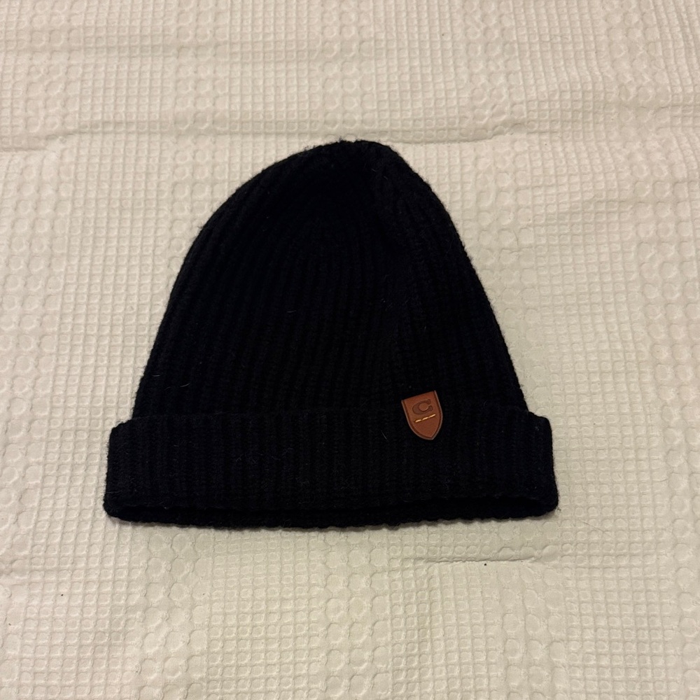 Coach Black Knit Hat with Brown Logo Patch